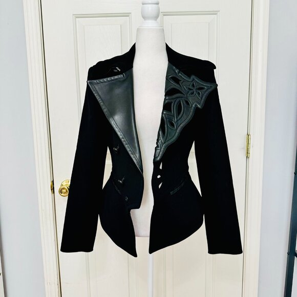 LIKE NEW JEAN PAUL GAULTIER FEMME VIRGIN WOOL LEATHER CUT OUT EVENING JACKET - Picture 6 of 12